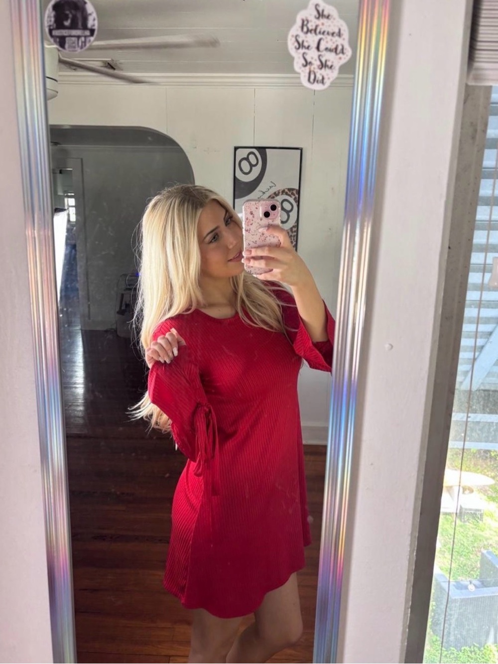 BCBG Red Ribbed Mini Dress with Tie-Sleeve Detail